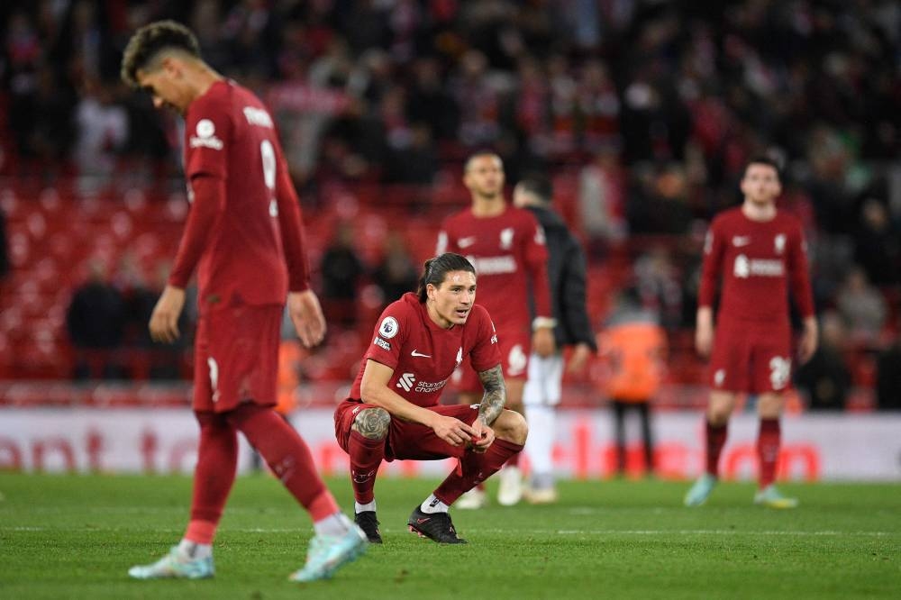 Liverpool striker Darwin Nunez looks on after the final whistle of the English Premier League match between Liverpool and Leeds United at Anfield in Liverpool, October 29, 2022. — AFP pic 