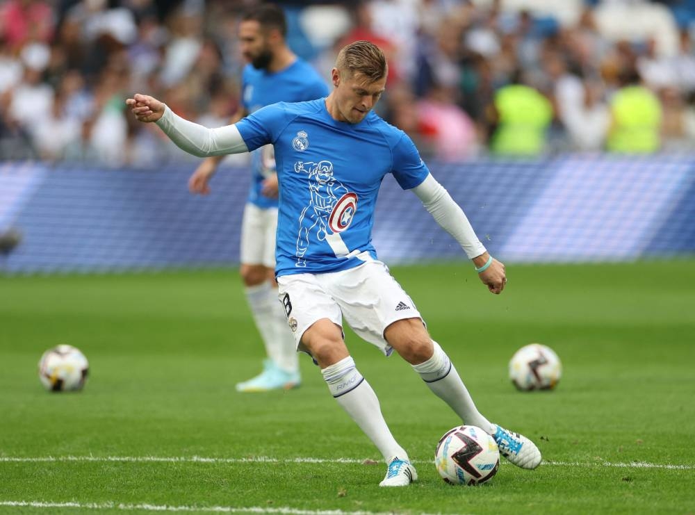 Real Madrid's Toni Kroos during warm up before the match against Girona at Santiago Bernabeu, Madrid October 30, 2022. — Reuters pic 