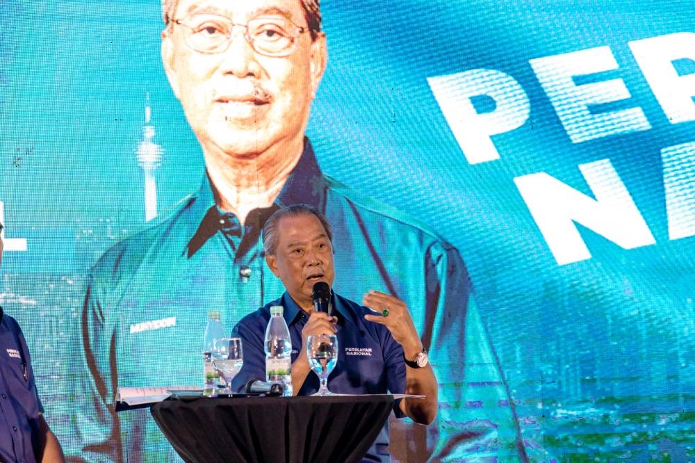 Perikatan Nasional (PN) chairman Tan Sri Muhyiddin Yassin speaks during Townhall session at the launch of the Perikatan Nasional (PN) manifesto at the Glenmarie Hotel and Golf Resort in Shah Alam on November 6, 2022. — Picture by Firdaus Latif