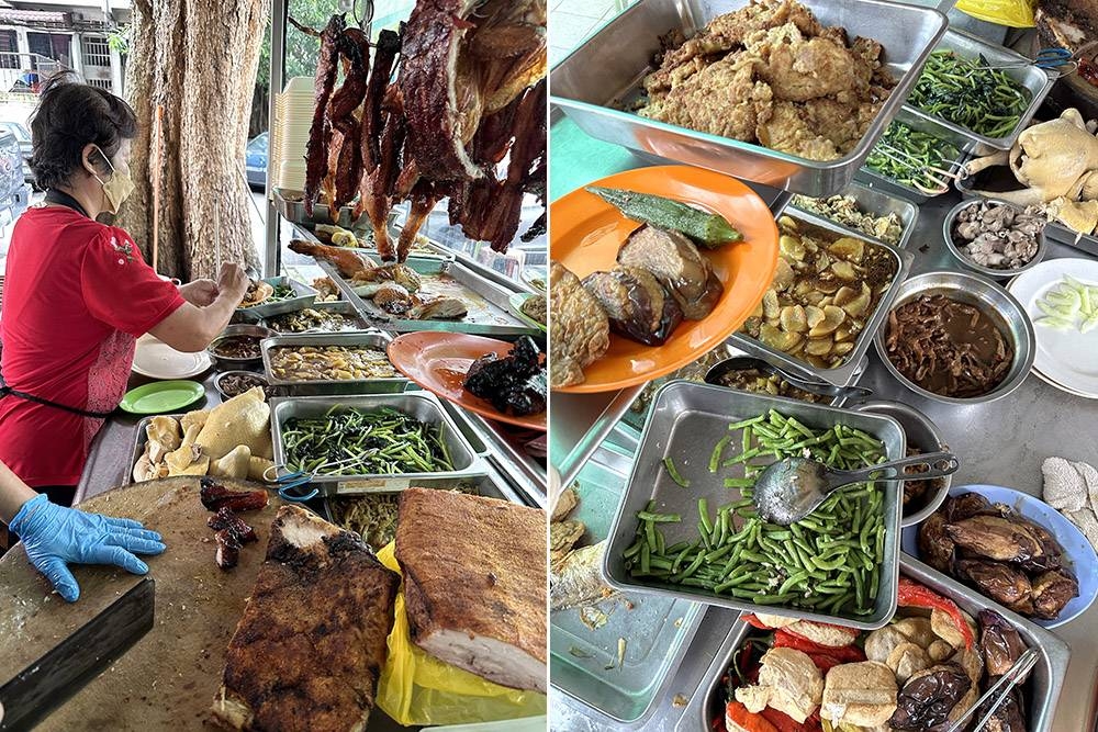 The BBQ meats are cooked with a charcoal fire (left). Select from a spread of homestyle dishes like 'yong tau foo', omelette and potatoes (right).