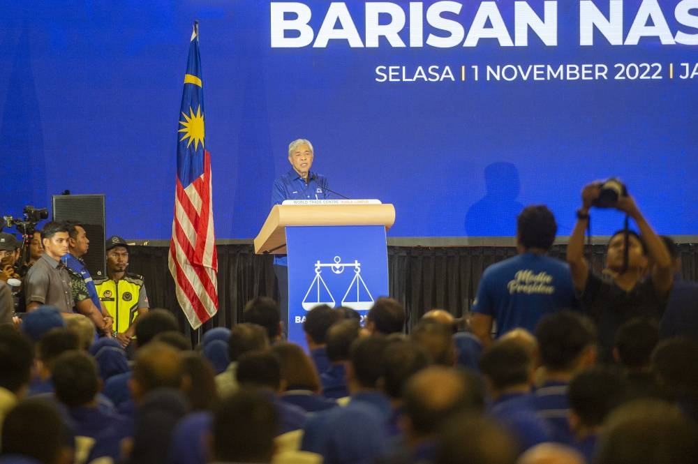 Datuk Seri Zahid Hamidi announces Barisan Nasional’s election candidates at the World Trade Centre on November 1, 2022. — Picture by Shafwan Zaidon