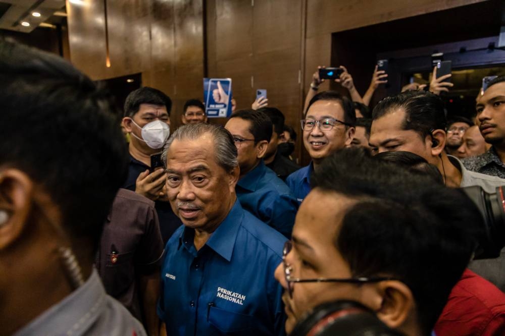 Tan Sri Muhyiddin Yassin arrives during the launch of Perikatan Nasional's manifesto at the Glenmarie Hotel and Golf Resort in Shah Alam November 6, 2022. — Picture by Firdaus Latif