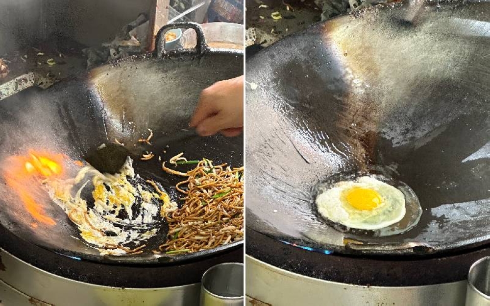 Flames rise up the side of the wok in the midst of frying the egg (left). You can add an extra fried egg on top of your plate of fried 'kuey teow' (right).