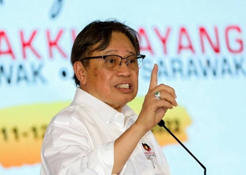 Sarawak Premier Tan Sri Abang Johari Openg speaking at the Sarawakku Sayang Program at Pekan Lingga Square, November 12, 2022. — Bernama pic