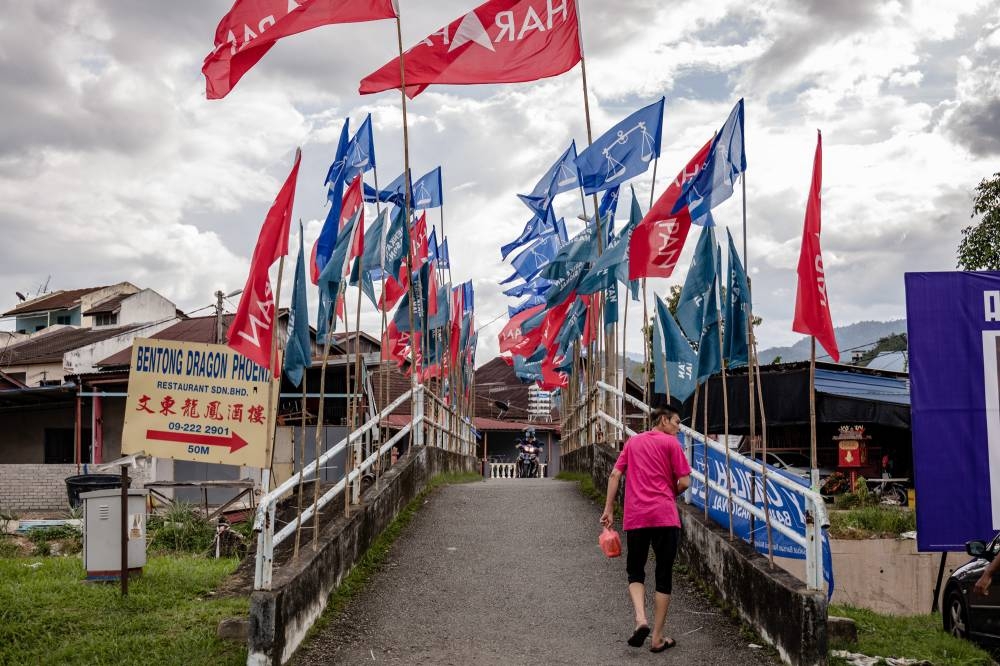 Flags of political parties and coalitions that have been put up as part of the 15th general election campaign near Kampung Perting in Bentong, Pahang. ― Picture by Firdaus Latif