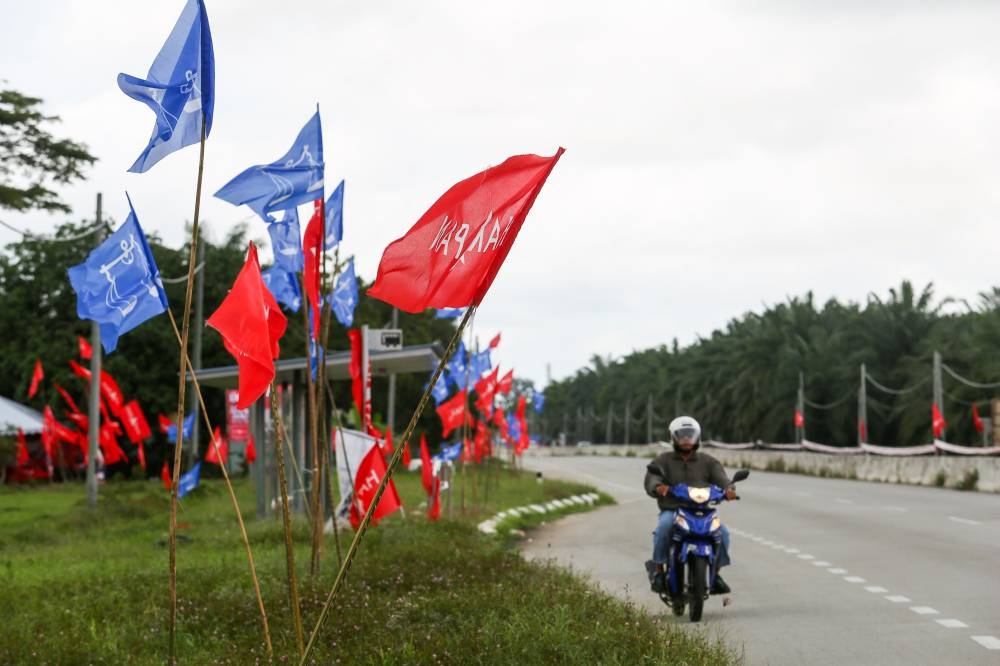 Party flags are seen along the road in Kuala Selangor November 13, 2022. ― Picture by Choo Choy May