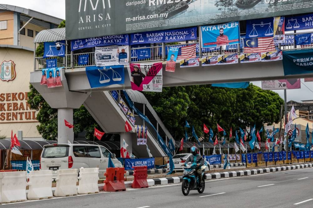 Party flags and banners are seen ahead of the 15h general election, in Sentul, Kuala Lumpur November 11, 2022.