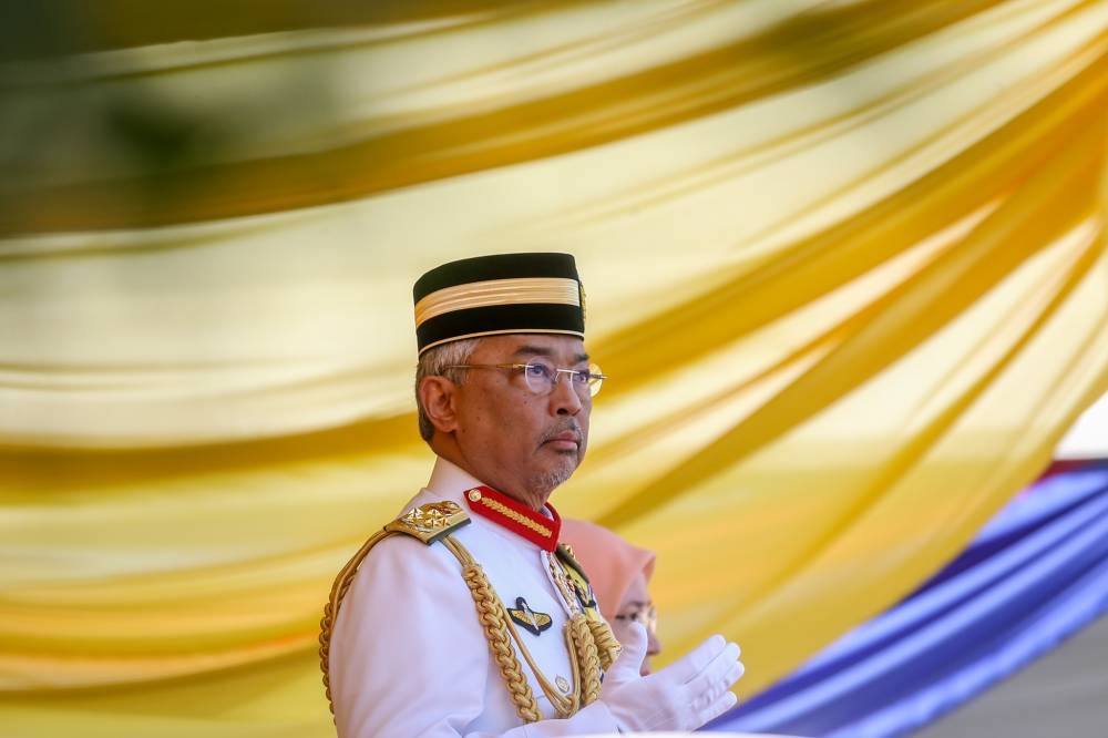 Yang di-Pertuan Agong Al-Sultan Abdullah Ri’ayatuddin Al-Mustafa Billah Shah attends the Trooping the Colour at Dataran Pahlawan Negara in Precinct 1 June 10, 2022. — Picture by Ahmad Zamzahuri