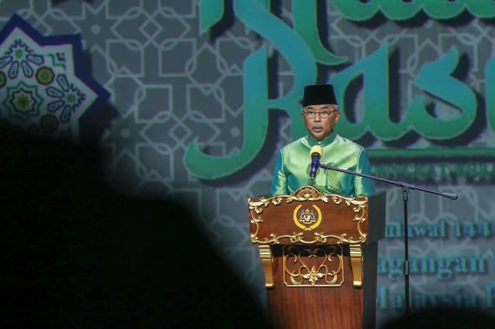 Yang di-Pertuan Agong Al-Sultan Abdullah Ri’ayatuddin Al-Mustafa Billah Shah speaks during the national-level Maulidur Rasul celebration at  Merdeka Hall, World Trade Centre October 9, 2022. — Picture by Ahmad Zamzauri