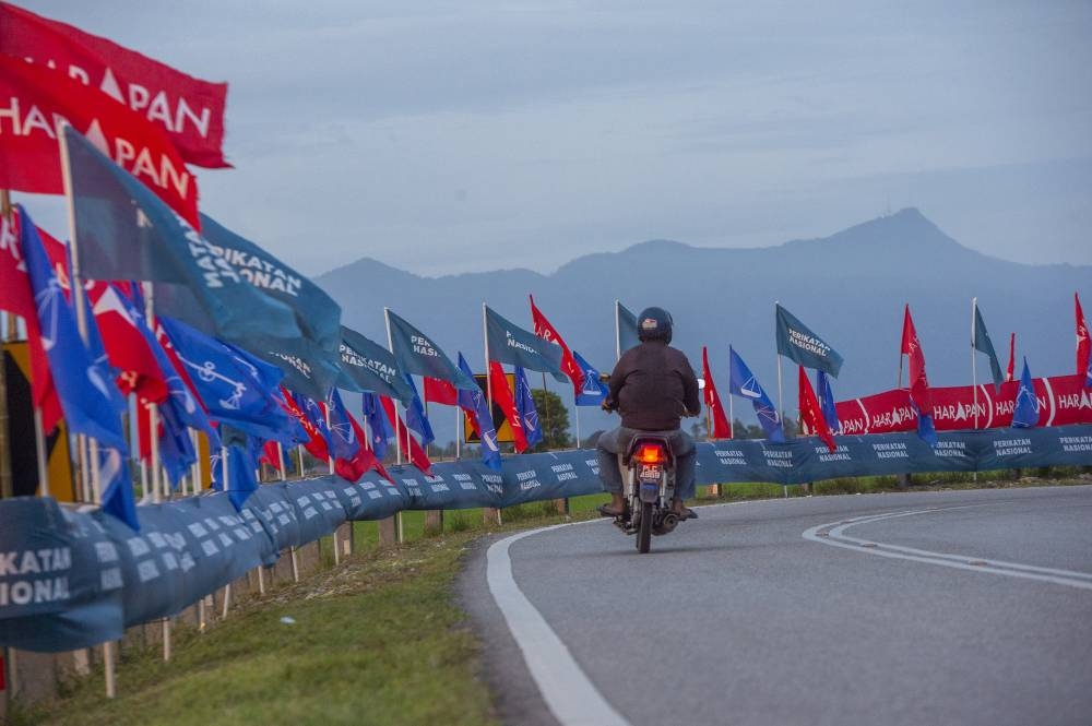 Party flags are seen along a road in Kepala Batas November 16, 2022. — Picture by Shafwan Zaidon