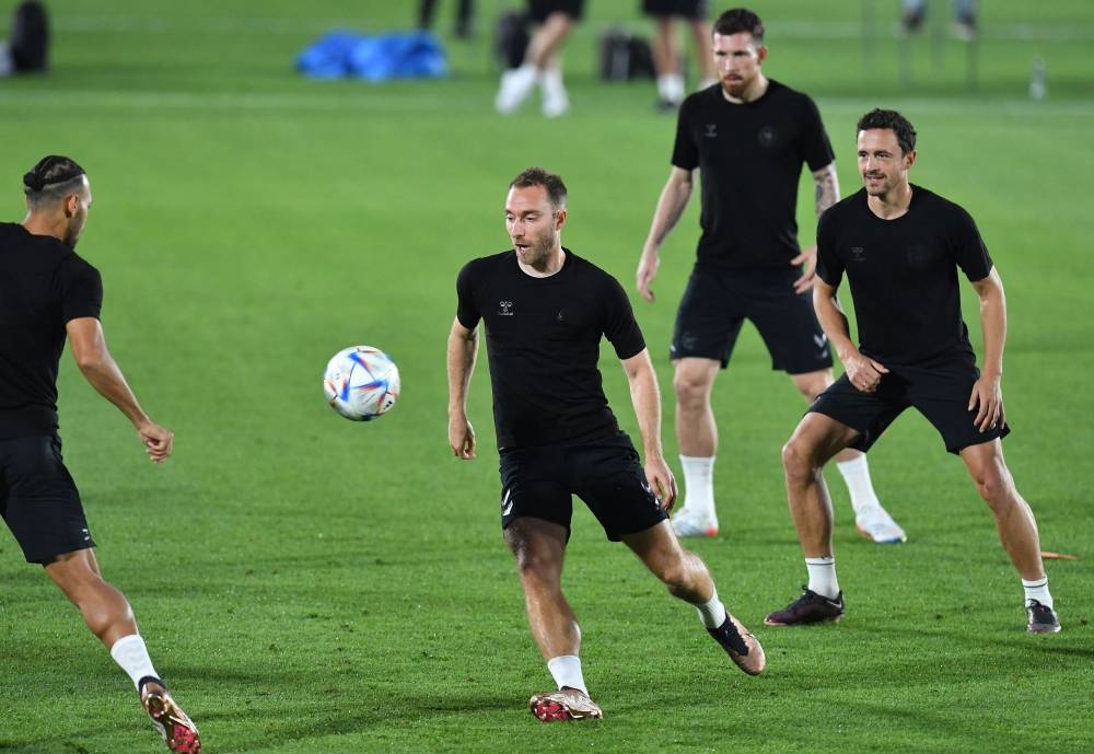 Denmark’s Christian Eriksen and teammates during training at Al Sailiya SC 2, Al Rayyan, Qatar, November 21, 2022. — Reuters pic 