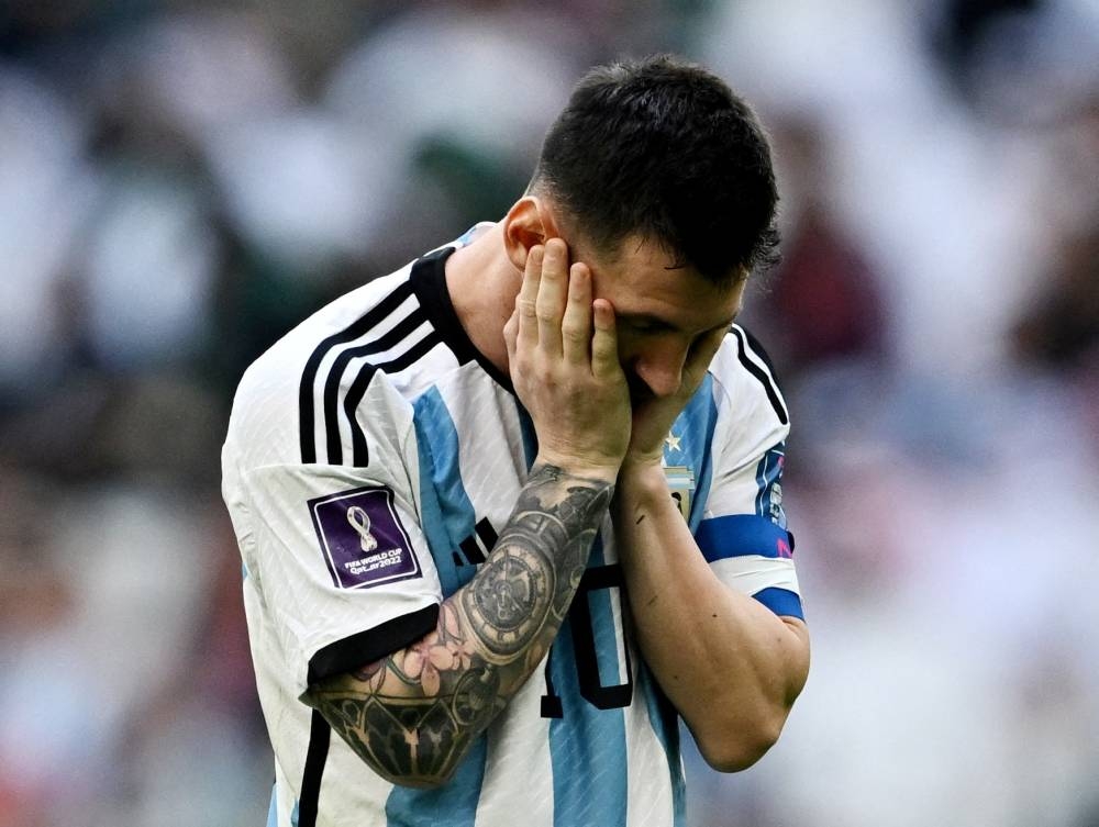 Argentina’s Lionel Messi reacts after the match against Saudi Arabia, Lusail Stadium, Lusail, Qatar, November 22, 2022. — Reuters pic 