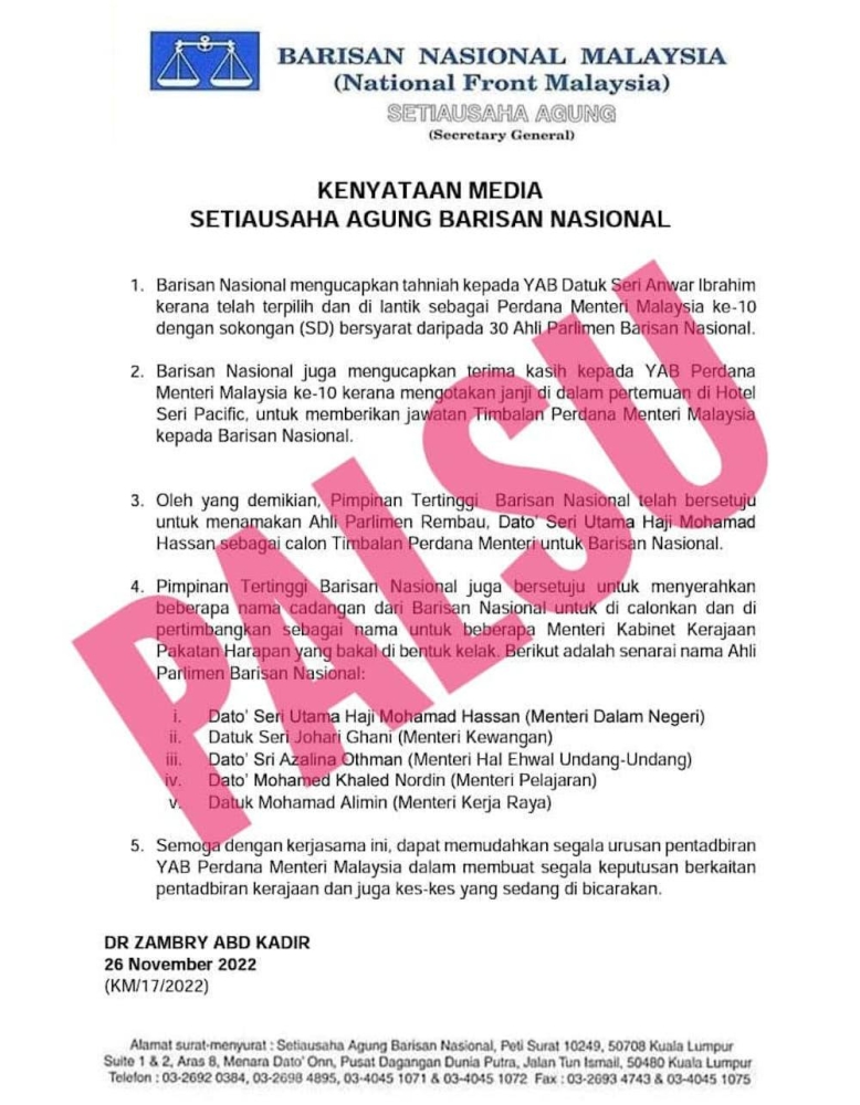 A media statement claimed to be from Barisan Nasional (BN) secretary-general Datuk Seri Zambry Abd Kadir on the proposed BN five parliamentarians to be appointed ministers in the unity government is false. — Picture via Facebook/Zahid Hamidi