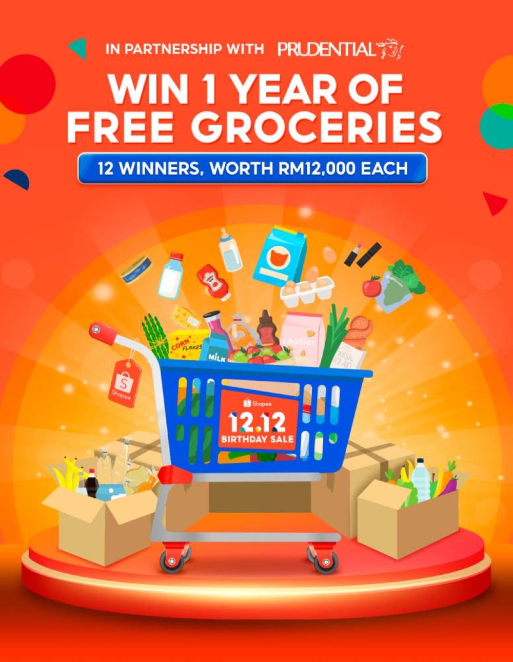 Stand a chance to be one of the lucky winners to take home one year of free groceries worth RM12,000. — Image courtesy of Shopee.