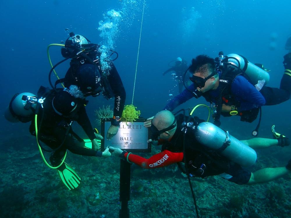 A Ball Watch reef metal plate being installed. The timepiece brand has launched a campaign to support marine conservation efforts in Sabah. — Photo courtesy of Ball Watch