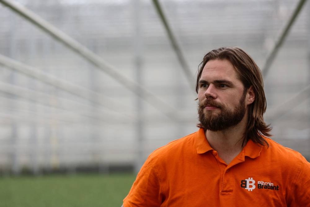 This photograph taken on December 7, 2022 shows Bert De Groot, 35, bitcoin engineer and owner of Bitcoin Brabant, wearing a t-shirt with the bitcoin logo among growing tulips in a greenhouse heated with bitcoin miners near Amsterdam. — AFP pic