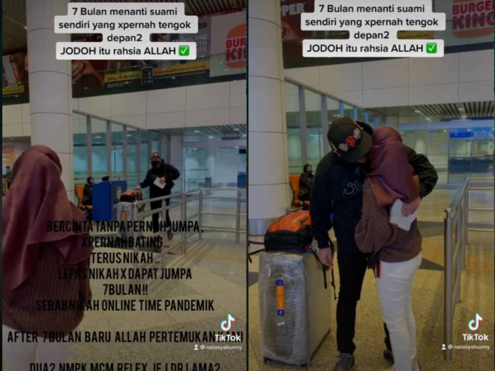 A Malaysian couple who was in a long-distance relationship finally got to embrace each other in person for the first time despite being married for seven months. — Screenshot via TikTok/ NatasyaBunny 