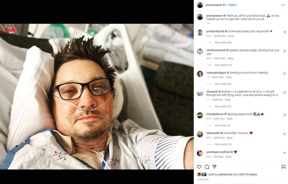 A screen grab shows a selfie of actor Jeremy Renner on a hospital bed, posted on Instagram January 3, 2023. — Picture via Instagram/Jeremy Renner 