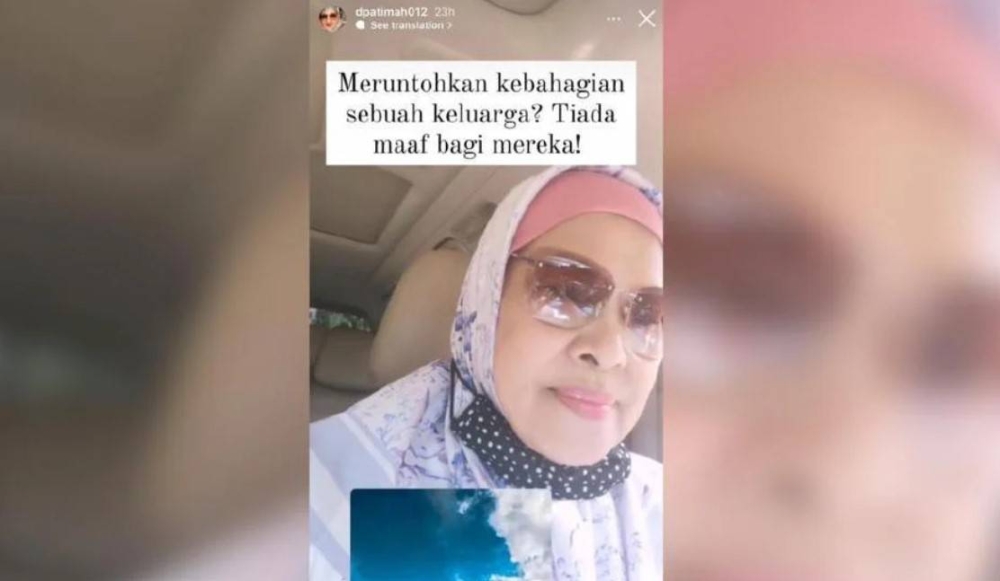 Datin Fatimah Ismail’s posted a selfie with a 'warning' on her Instagram story. — Picture via Instagram/dpatimah012