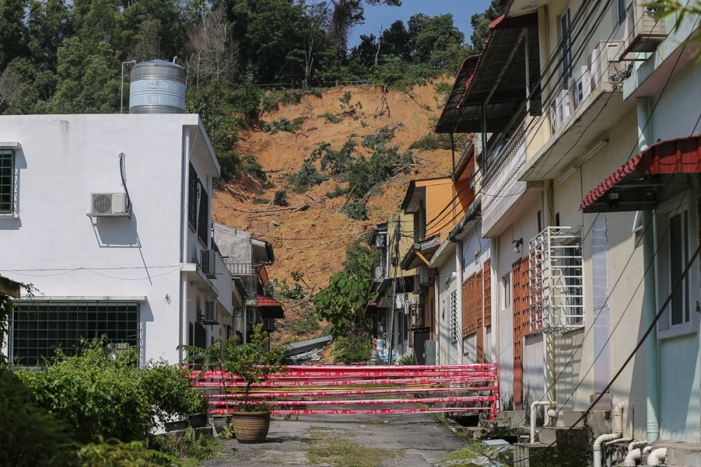 A general view of the landslide area at Taman Bukit Permai 2 in Ampang March 12, 2022. — Picture by Yusof Mat Isa