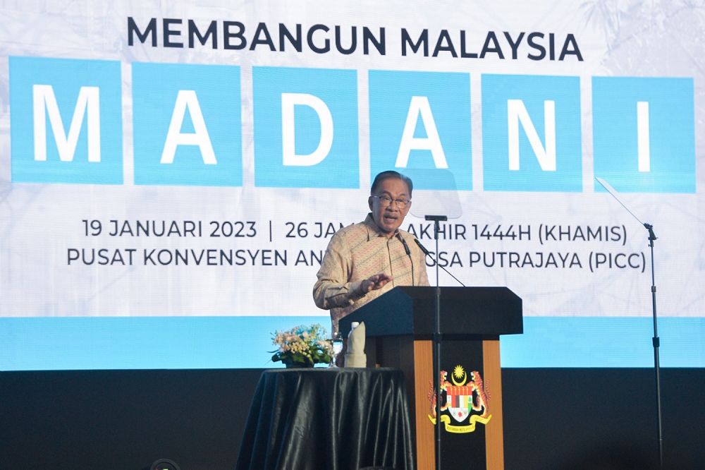 Prime Minister Datuk Seri Anwar Ibrahim gives a speech at the Discourse on Developing a Madani Nation event at PICC, Putrajaya January 19,2023. Picture by Miera Zulyana