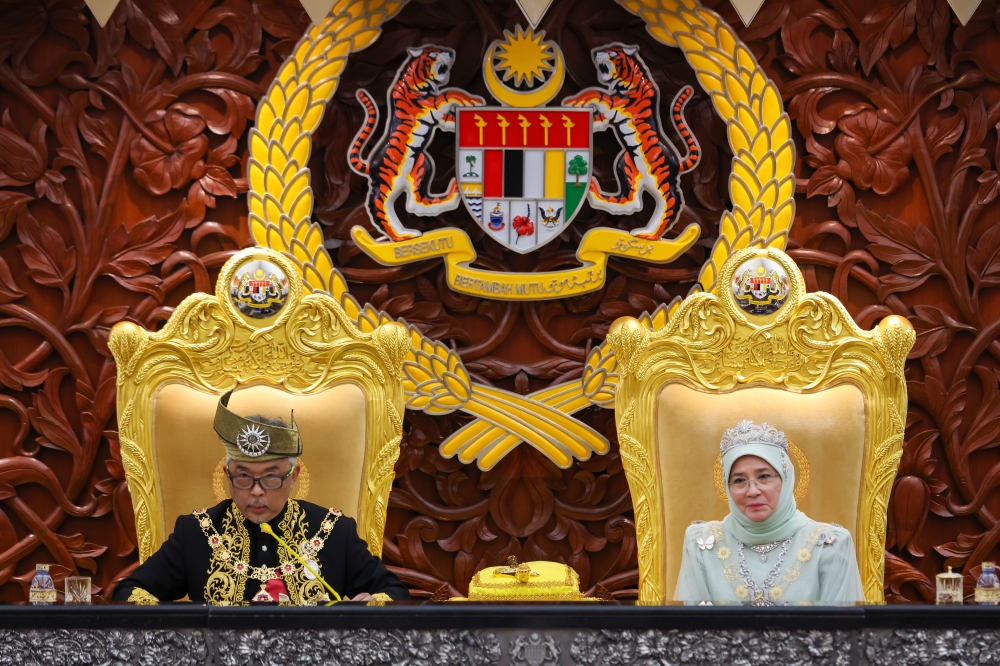 Yang di-Pertuan Agong Al-Sultan Abdullah Ri’ayatuddin Al-Mustafa Billah Shah giving his royal address when opening the second session of the 15th Parliament, February 13, 2023. — Bernama pic