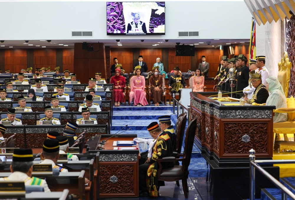 Yang di-Pertuan Agong Al-Sultan Abdullah Ri'ayatuddin Al-Mustafa Billah Shah delivers his royal address when opening of the First Meeting of the Second Session of the 15th Parliament today. — Bernama pic