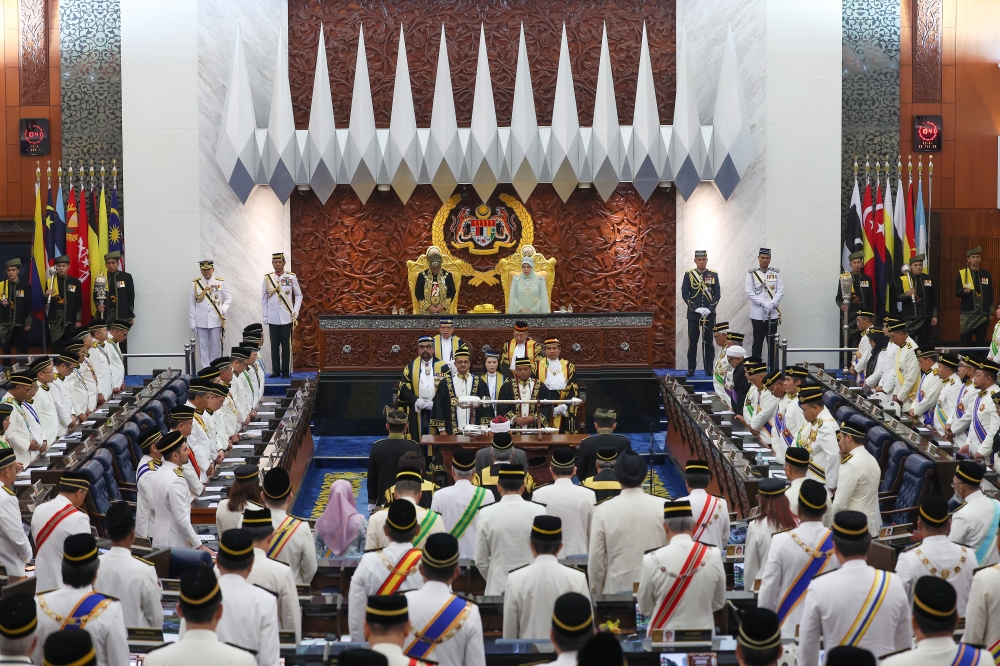 Yang di-Pertuan Agong Al-Sultan Abdullah Ri’ayatuddin Al-Mustafa Billah Shah and Raja Permaisuri Agong Tunku Hajah Azizah Aminah Maimunah Iskandariah attends the First Meeting of the Second Session of the 15th Parliament in Kuala Lumpur February 13, 2023. — Bernama pic.