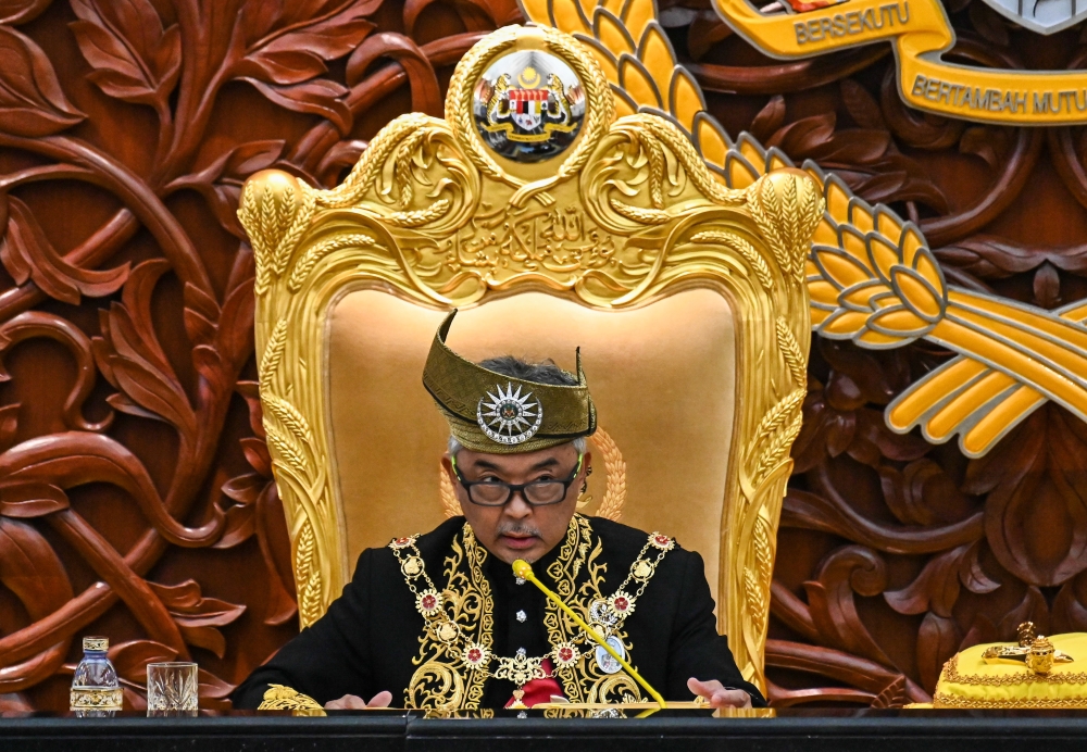 Yang Di-Pertuan Agong Al-Sultan Abdullah Ri’ayatuddin Al-Mustafa Billah Shah delivers his royal address during the First Meeting of the Second Session of the 15th Parliament in Kuala Lumpur February 13, 2023. — Bernama pic