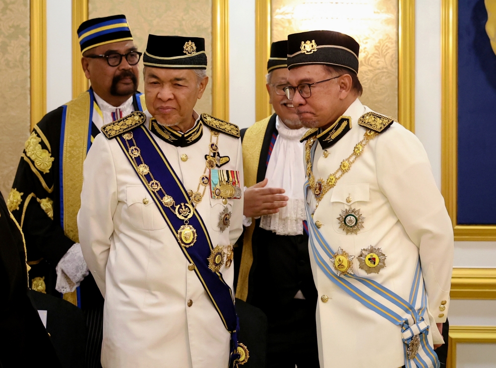 Prime Minister Datuk Seri Anwar Ibrahim and Deputy Prime Minister Datuk Seri Ahmad Zahid Hamidi are seen during the First Meeting of the Second Session of the 15th Parliament in Kuala Lumpur February 13, 2023. — Bernama pic