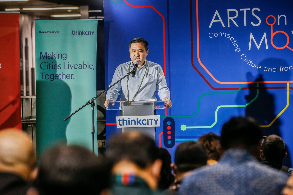 Transportation minister Anthony Loke giving his speech at the launch of the ‘Arts on the Move’ at Pasar Seni MRT February 14, 2023. — Picture by Hari Anggara