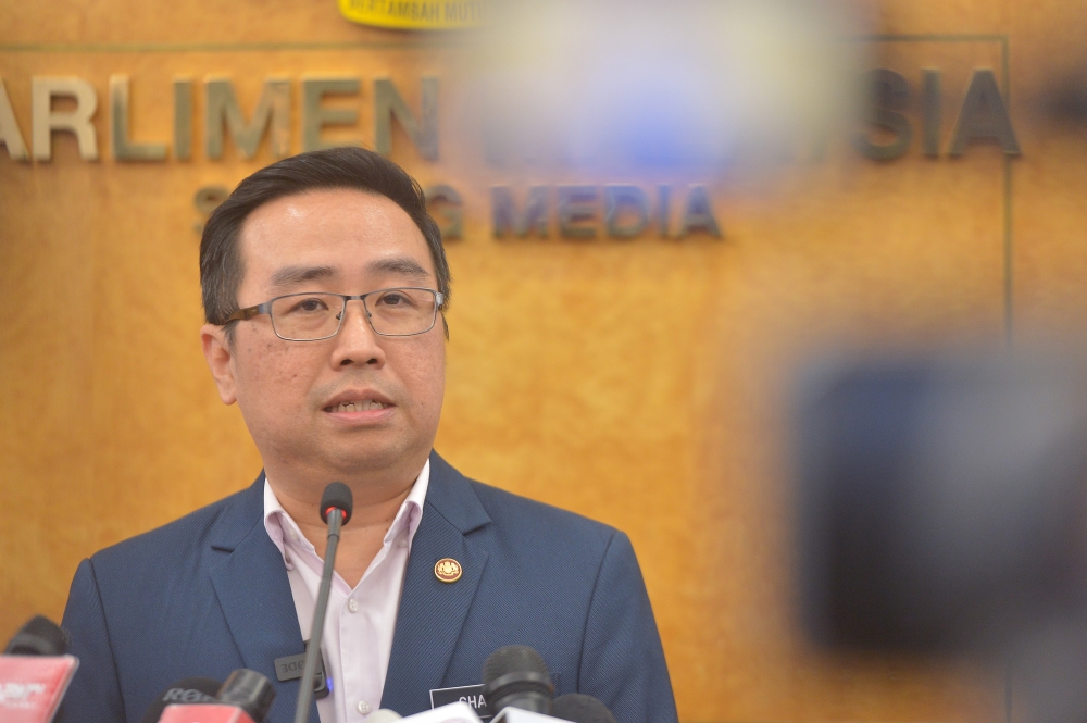 Minister of Science, Technology and Innovation Chang Lih Kang speaks to the media during the press conference at Parliament in Kuala Lumpur February 15, 2023. — Picture by Shafwan Zaidon