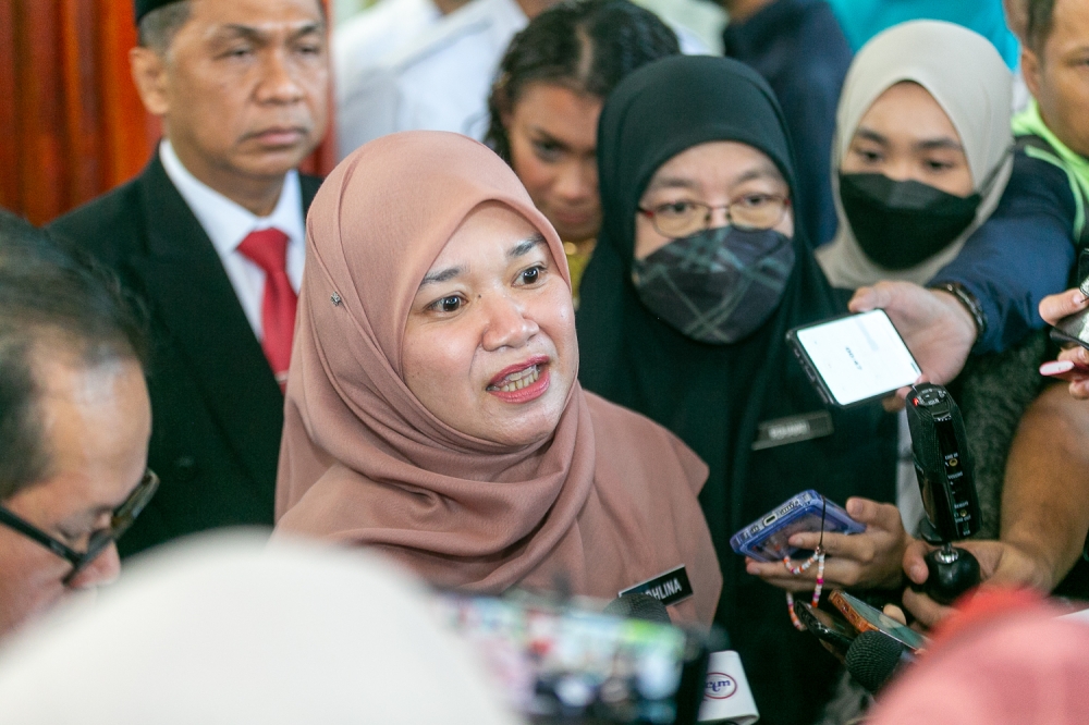 Education Minister Fadhlina Sidek speaks to the press at SMK Jalan Empat in Bandar Baru Bangi February 20, 2023. — Picture By Raymond Manuel