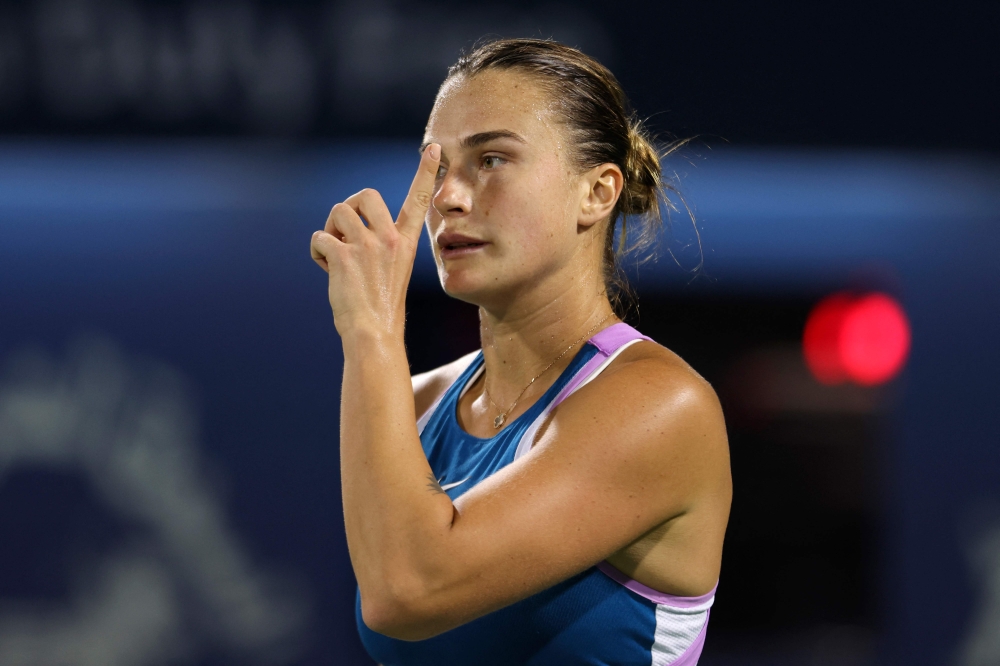 Belarus' Anyna Sabalenka reacts as she plays against Barbora Krejcikova (not pictured) during the quarter-finals of the WTA Dubai Duty Free Tennis Championship in Dubai on February 23, 2023. — AFP pic