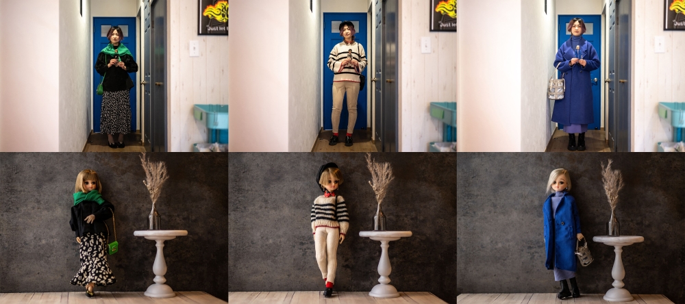 This combination of photographs taken on January 24, 2023 shows Ryoko Baba (top row), a 33-year-old graphic designer, posing with her Licca-chan dolls while wearing matching outfits, at home in Tarui, Gifu Prefecture. — AFP pic