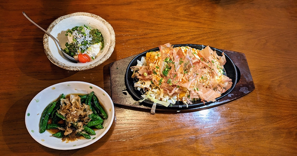 The cold tofu, grilled peppers and pork belly and cabbage omelette. A great trio of appetisers for sharing.