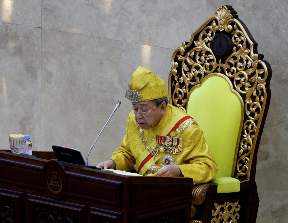 The Sultan of Selangor Sultan Sharafuddin Idris Shah delivers his royal address during the opening of the Sixth Session of the 14th Selangor State Legislative Assembly at the Selangor State Assembly Building in Shah Alam March 13, 2023. — Bernama pic