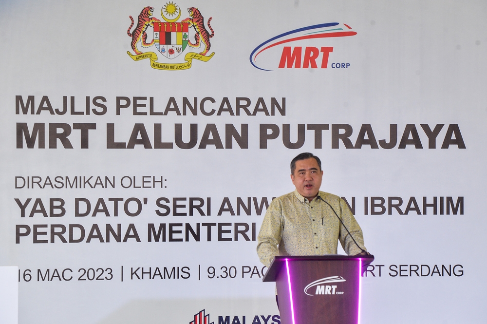 Transport Minister Anthony Loke speaks during the launch of MRT2 Phase Two at the Serdang Depot March 16, 2023. — Picture by Miera Zulyana