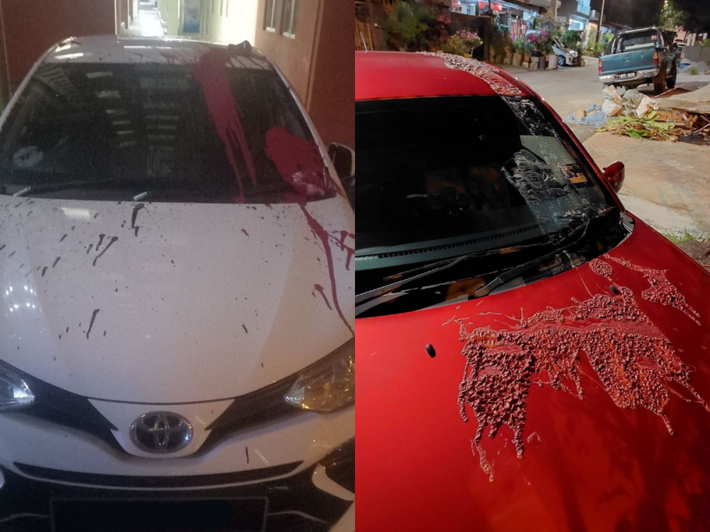 The car belonging to director Khairi Anwar Jailani was splashed with paint while scriptwriter Arjun Thanaraju's car was on the receiving end of paint as well as a corrosive substance. — Picture via Twitter/ Hadi Azmi