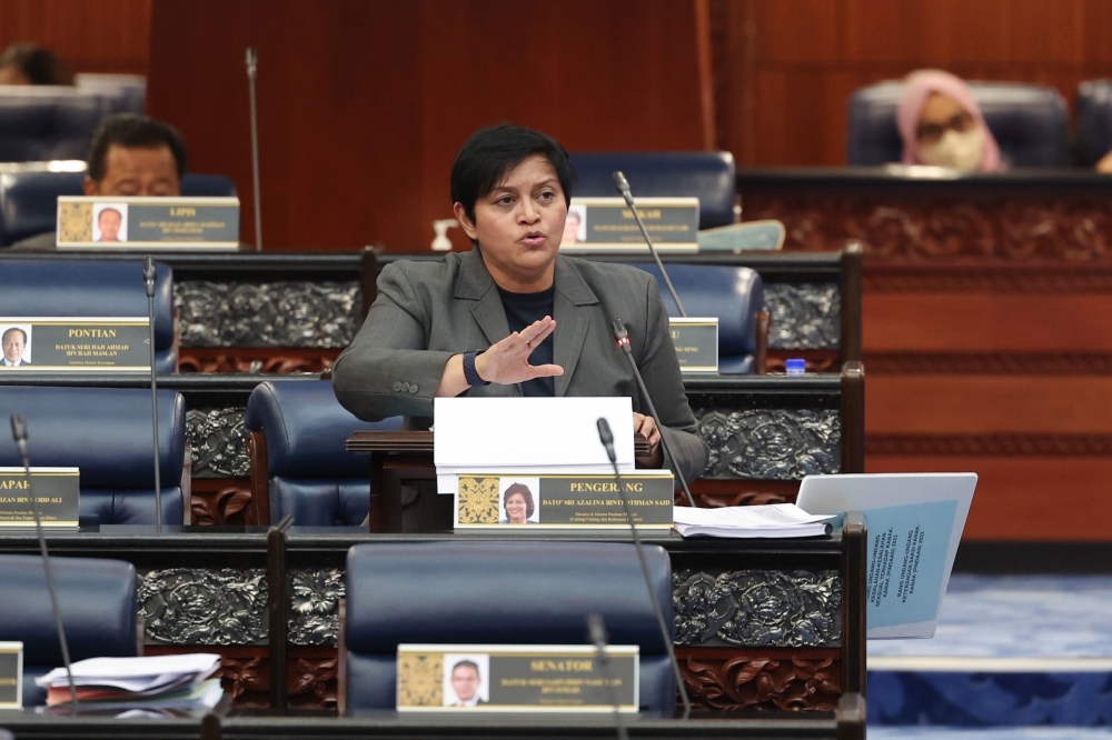 Minister in the Prime Minister’s Department (Law and Institutional Reform) Datuk Seri Azalina Othman Said speaks during a Parliament sitting in Kuala Lumpur March 29, 2023. — Bernama pic