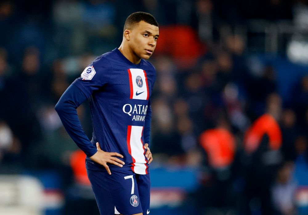 Paris St Germain's Kylian Mbappe looks dejected after the match against Olympique Lyonnais April 2, 2023. ― Reuters pic