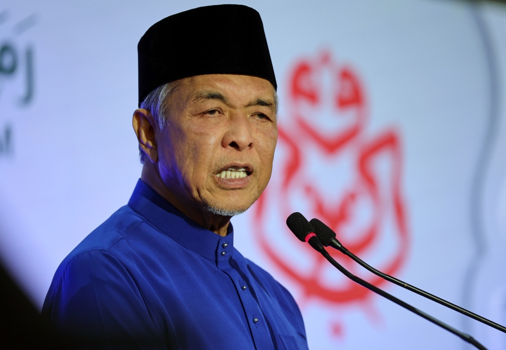 Umno President Datuk Seri Dr Ahmad Zahid Hamidi speaking at the Umno Breaking the Fast Ceremony at the Kuala Lumpur World Trade Center (WTCKL) April 7, 2023. — Bernama pic