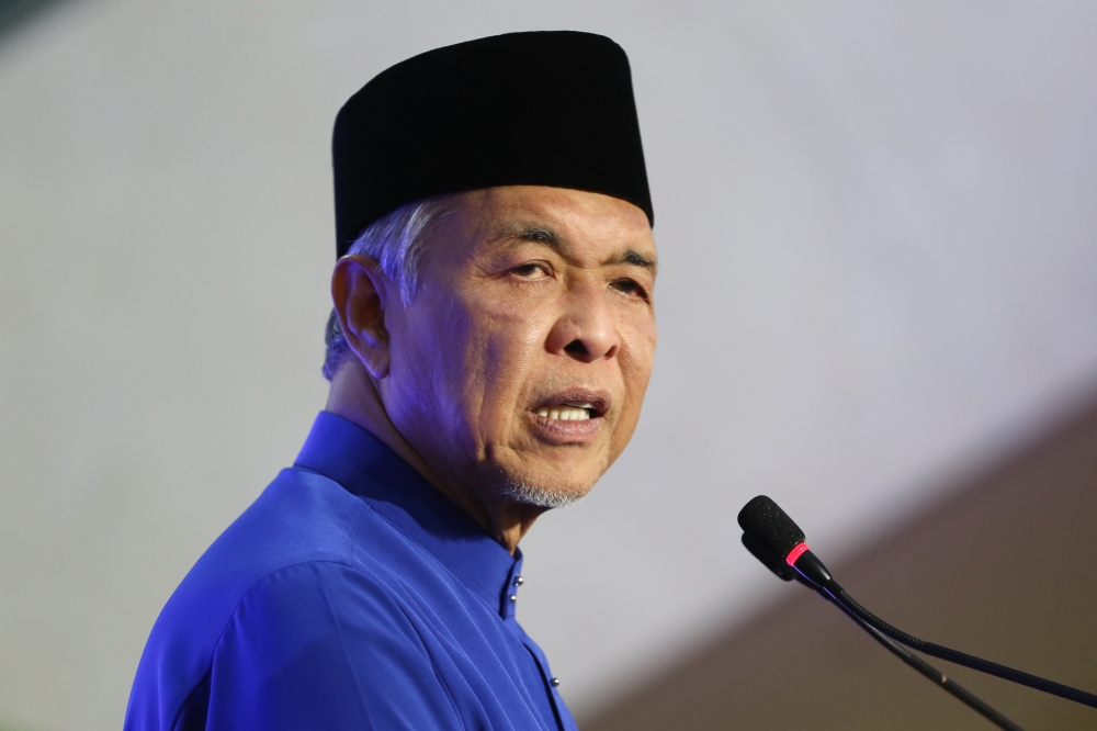 Umno president Datuk Seri Ahmad Zahid Hamidi speaks during the breaking fast event at World Trade Centre in Kuala Lumpur April 7, 2023. — Picture by Yusof Mat Isa