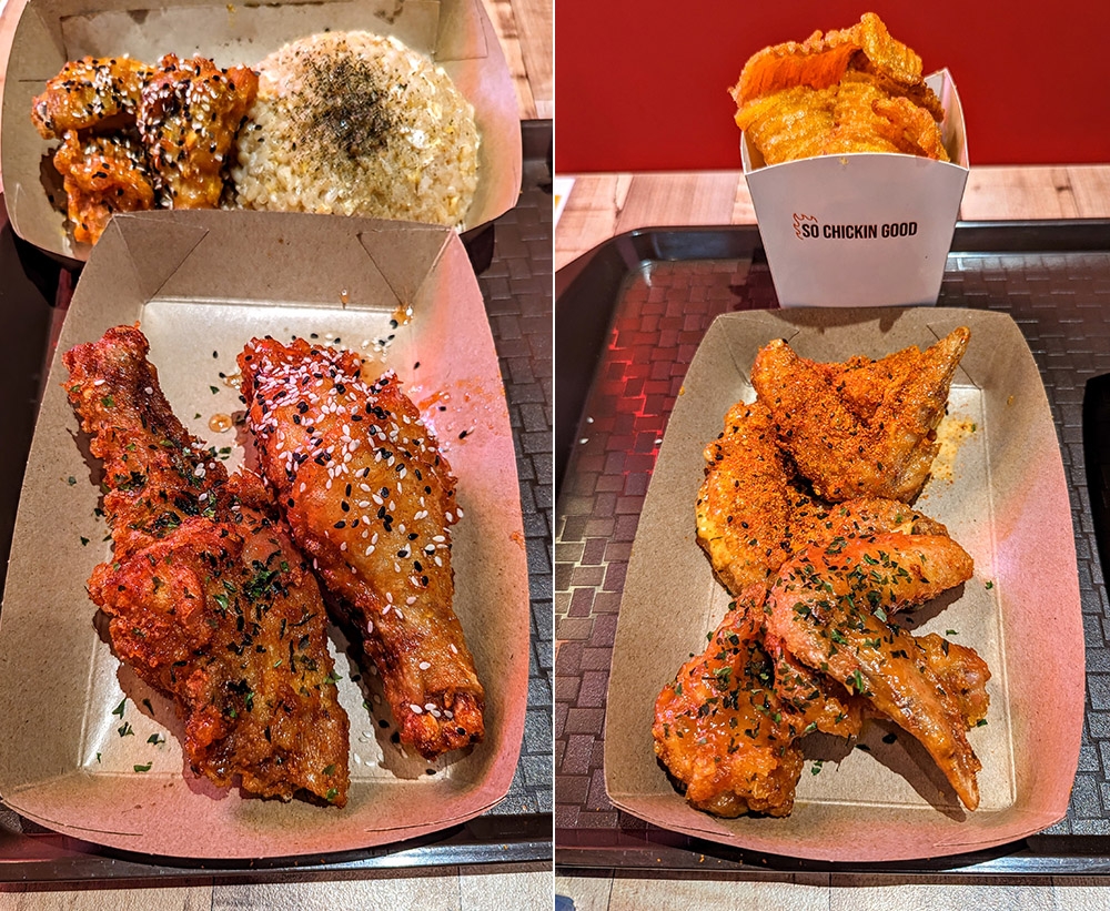 My personal favourites: big, juicy umami soy and sweet and sour chicken drumsticks that are crazy crispy and light (left). Unusual pumpkin chips can be ordered with the umami soy and Japanese sriracha mayo chicken wings (right).