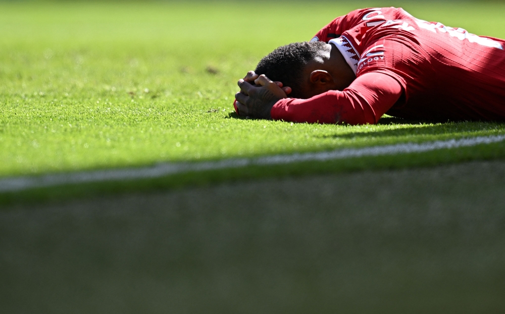 Manchester United's English striker Marcus Rashford reacts after failing to scoreduring the English Premier League football match between Manchester United and Everton at Old Trafford in Manchester April 8, 2023. — AFP pic