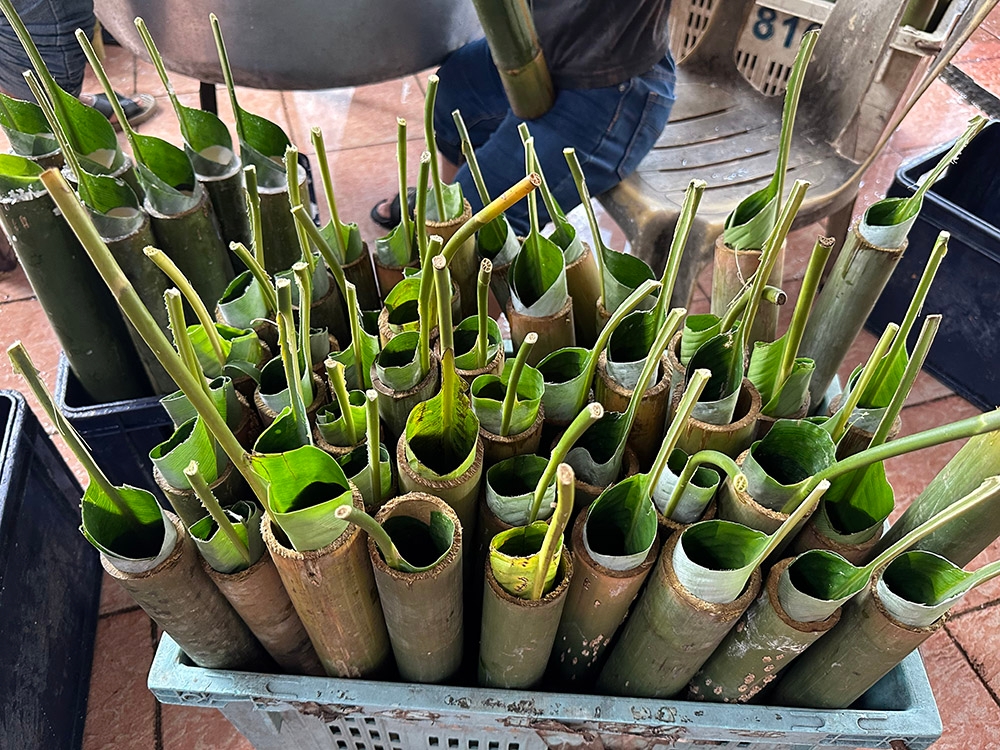 With the long hard stem of the 'daun lerek', you can easily pull out your 'lemang' without cracking the bamboo cylinder.