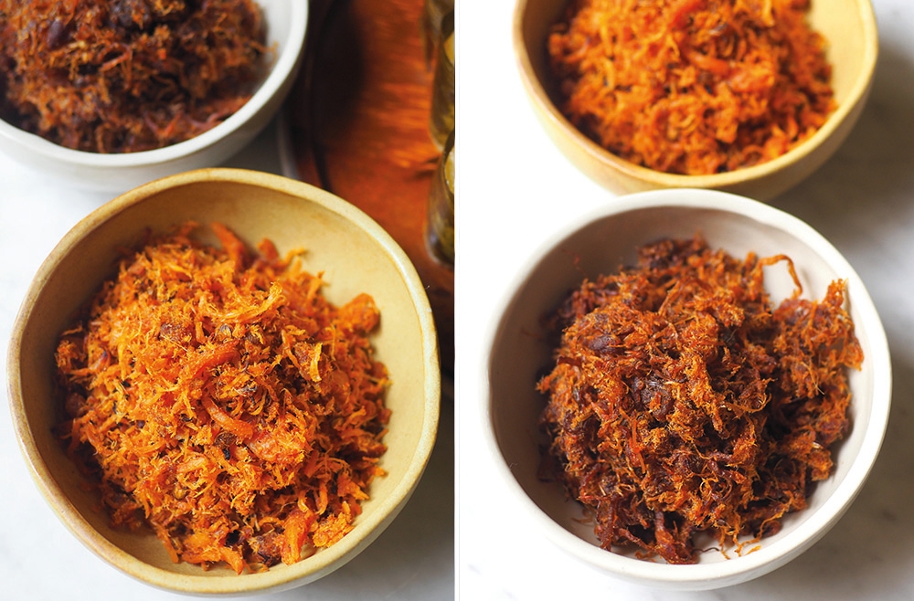 Go for their homemade chicken 'serunding' that is fragrant and not too spicy (left). The beef 'serunding' is delicious with the 'lemang' ... one piece is definitely not enough (right)