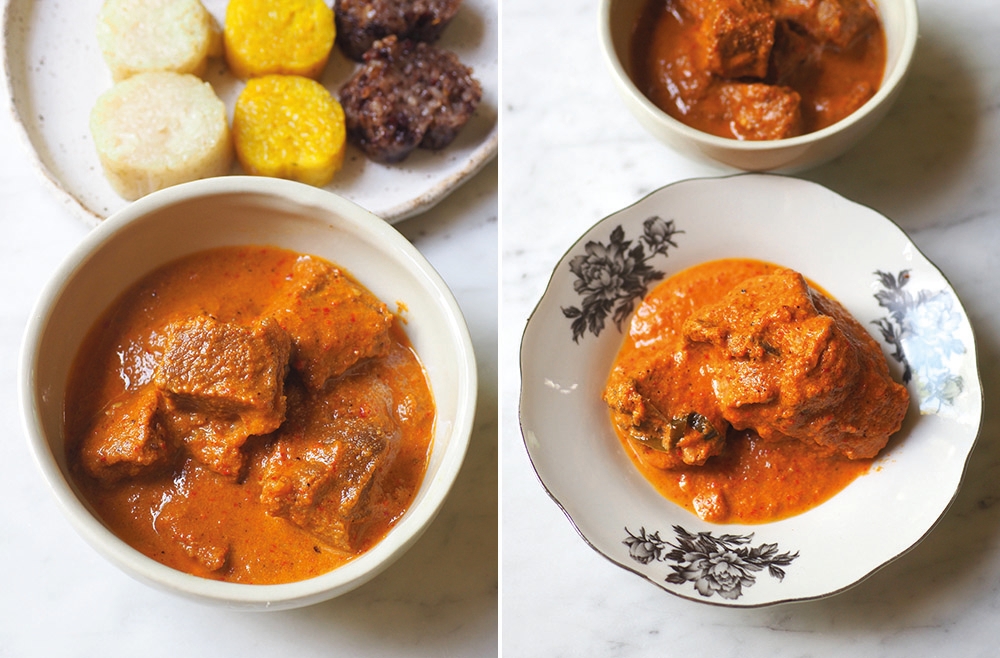 You get tender chunks of beef with their 'rendang basah' (left). They sell the creamy 'rendang' chicken by the piece (right).