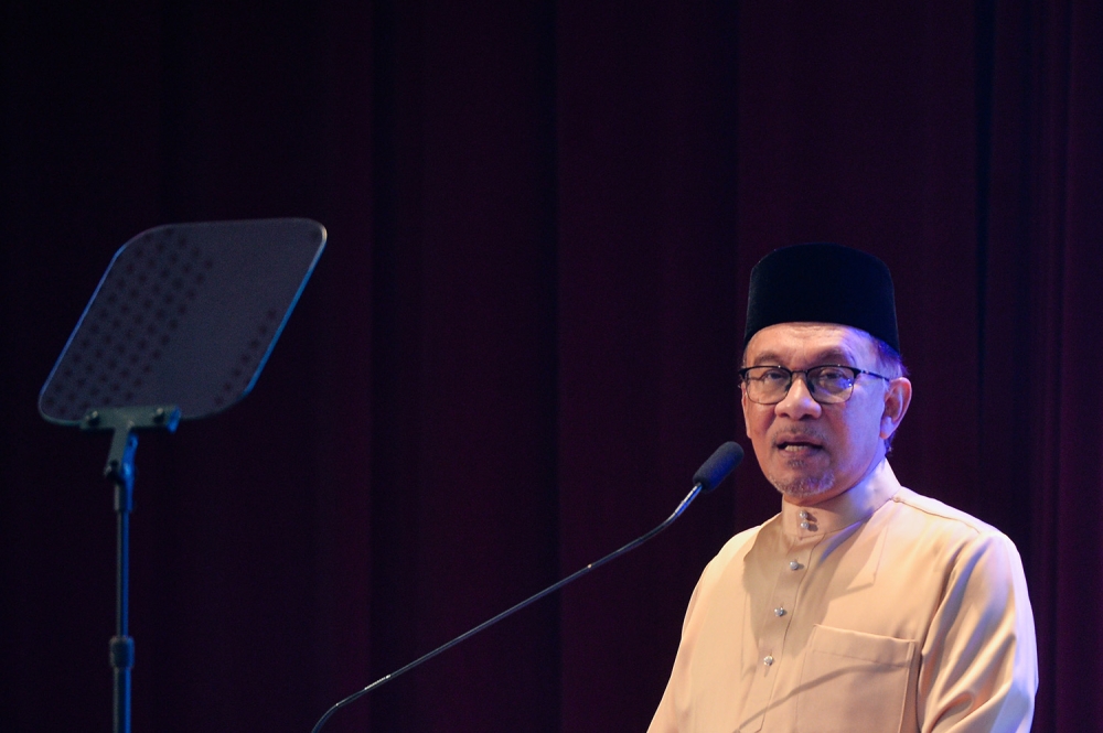 Prime Minister, Datuk Seri Anwar Ibrahim at the launch of Karya Agung Melayu in Wisma DBP on April 17, 2023. — Picture by Miera Zulyana