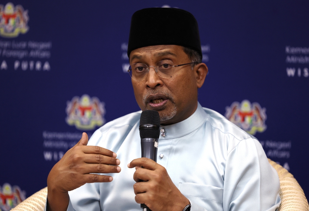 Foreign Minister Datuk Seri Zambry Abd Kadir speaks at a press conference while attending Iftar with Wisma Putra Staff and Diplomatic Corps at Dewan Tunku Abdul Rahman Putra, Putrajaya April 17, 2023. — Bernama pic